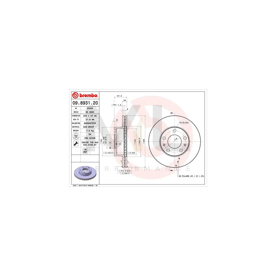 BREMBO 09.8931.20 Brake Disc Internally Vented, with bolts/screws | ML Performance Car Parts