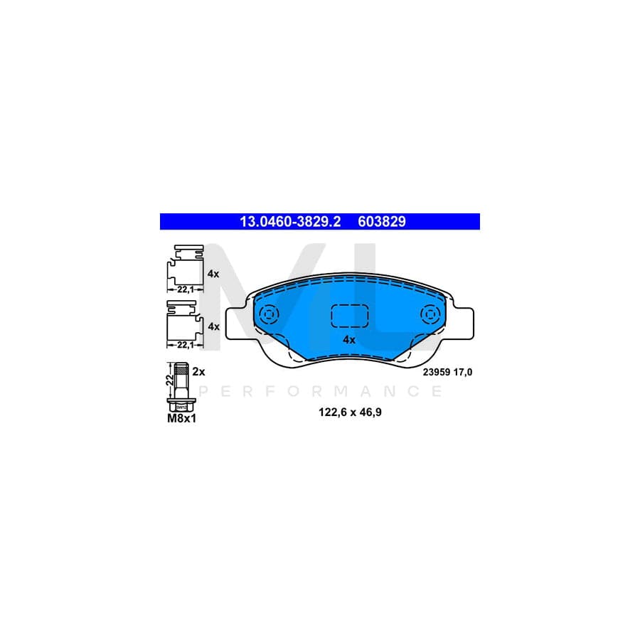 ATE 13.0460-3829.2 Brake pad set excl. wear warning contact, not prepared for wear indicator, with brake caliper screws, with accessories | ML Performance Car Parts