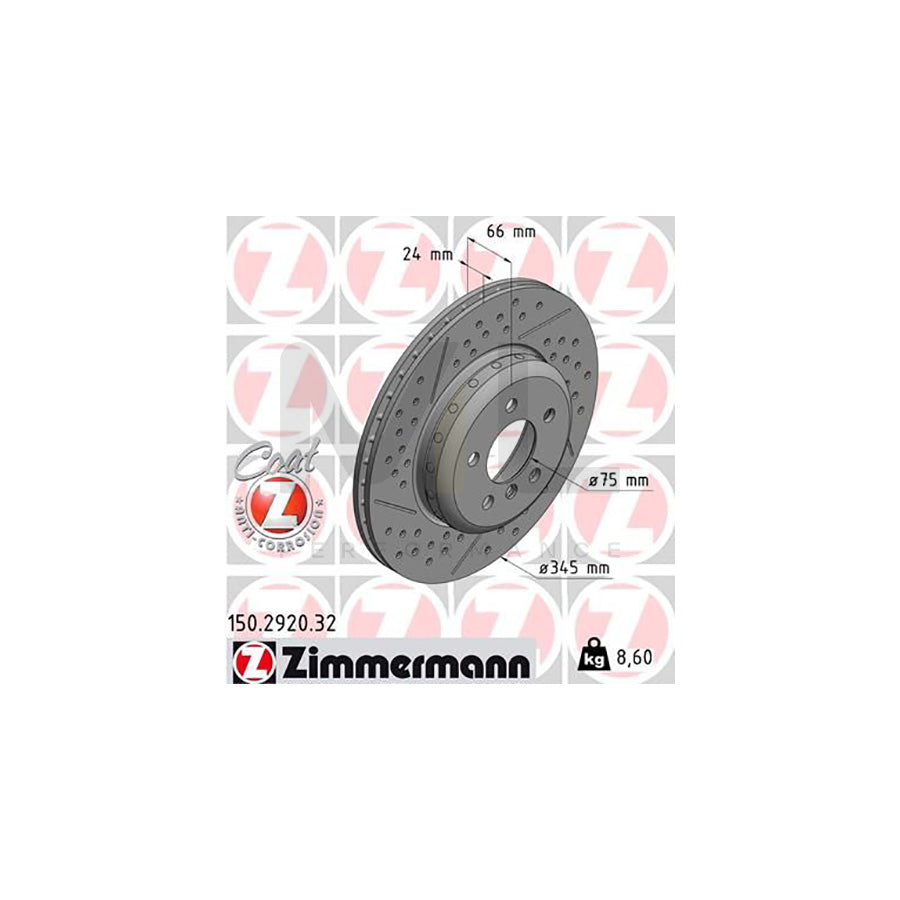 ZIMMERMANN FORMULA F COAT Z 150.2920.32 Brake Disc Drilled dimples, Internally Vented, Slotted, Two-piece brake disc, Coated, High-carbon | ML Performance Car Parts