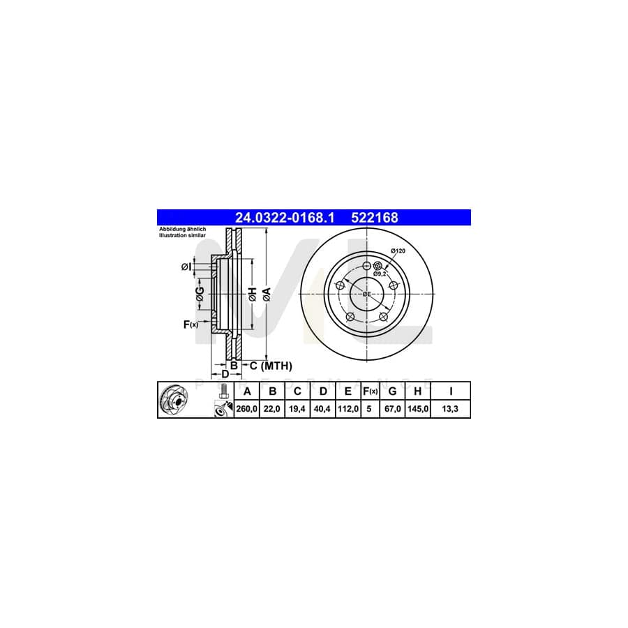 ATE PowerDisc 24.0322-0168.1 Brake Disc suitable for MERCEDES-BENZ A-Class (W168) Vented, Coated, Alloyed / High-carbon, with bolts/screws | ML Performance Car Parts