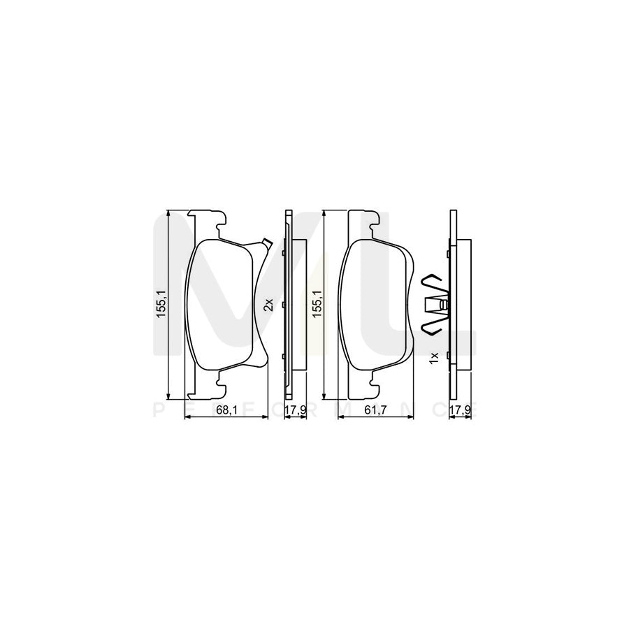 Bosch 0986494823 Brake Pad Set With Acoustic Wear Warning, With Anti-Squeak Plate, With Piston Clip BP1997 | ML Performance Car Parts