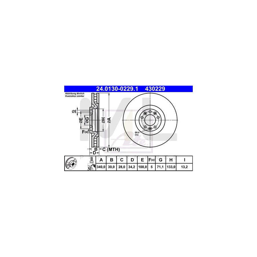 ATE 24.0130-0229.1 Brake Disc for PEUGEOT RCZ Coupe Vented, Coated, Alloyed / High-carbon, with bolts/screws | ML Performance Car Parts