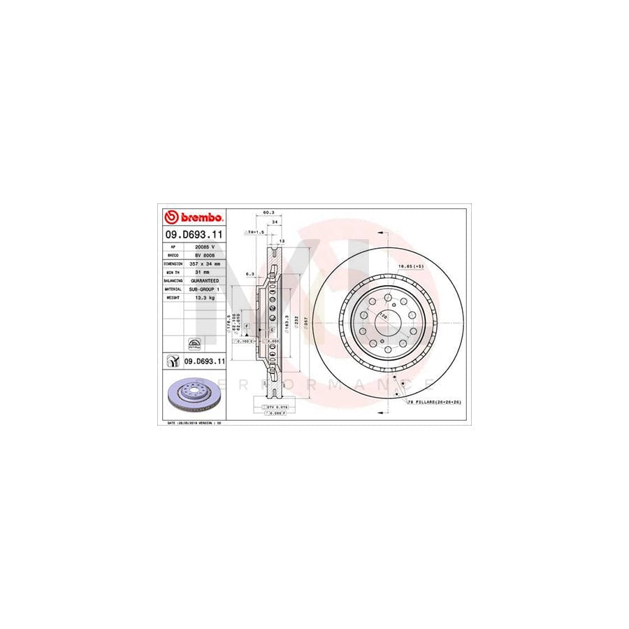 BREMBO 09.D693.11 Brake Disc Internally Vented, Coated | ML Performance Car Parts