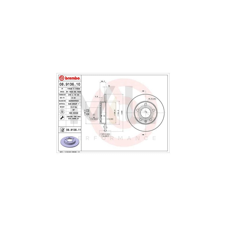 BREMBO 08.9136.10 Brake Disc Solid, with bolts/screws | ML Performance Car Parts