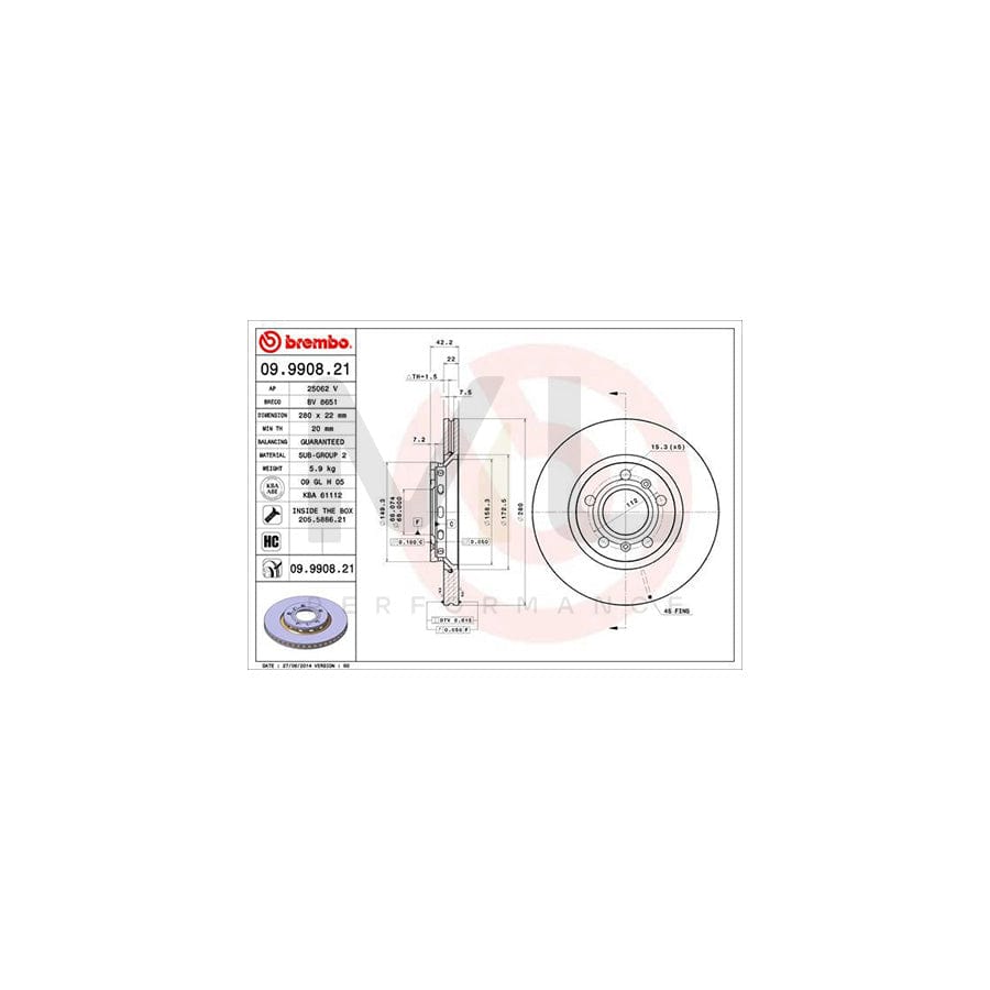 BREMBO COATED DISC LINE 09.9908.21 Brake Disc Internally Vented, Coated, High-carbon, with bolts/screws | ML Performance Car Parts