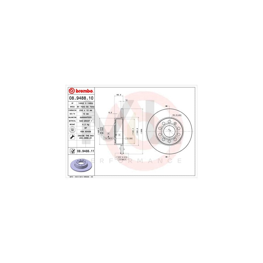 BREMBO 08.9488.10 Brake Disc Solid, with bolts/screws | ML Performance Car Parts