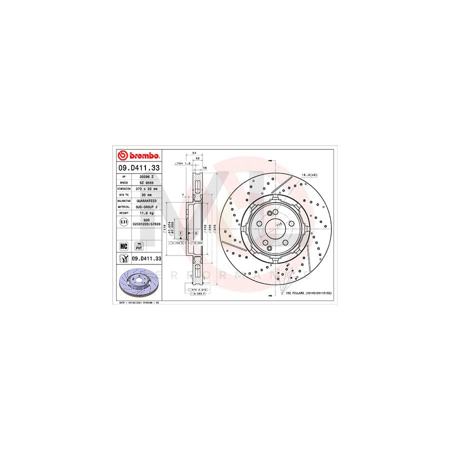 BREMBO 09.D411.33 Brake Disc suitable for MERCEDES-BENZ GLE Internally Vented, Coated, High-carbon | ML Performance Car Parts