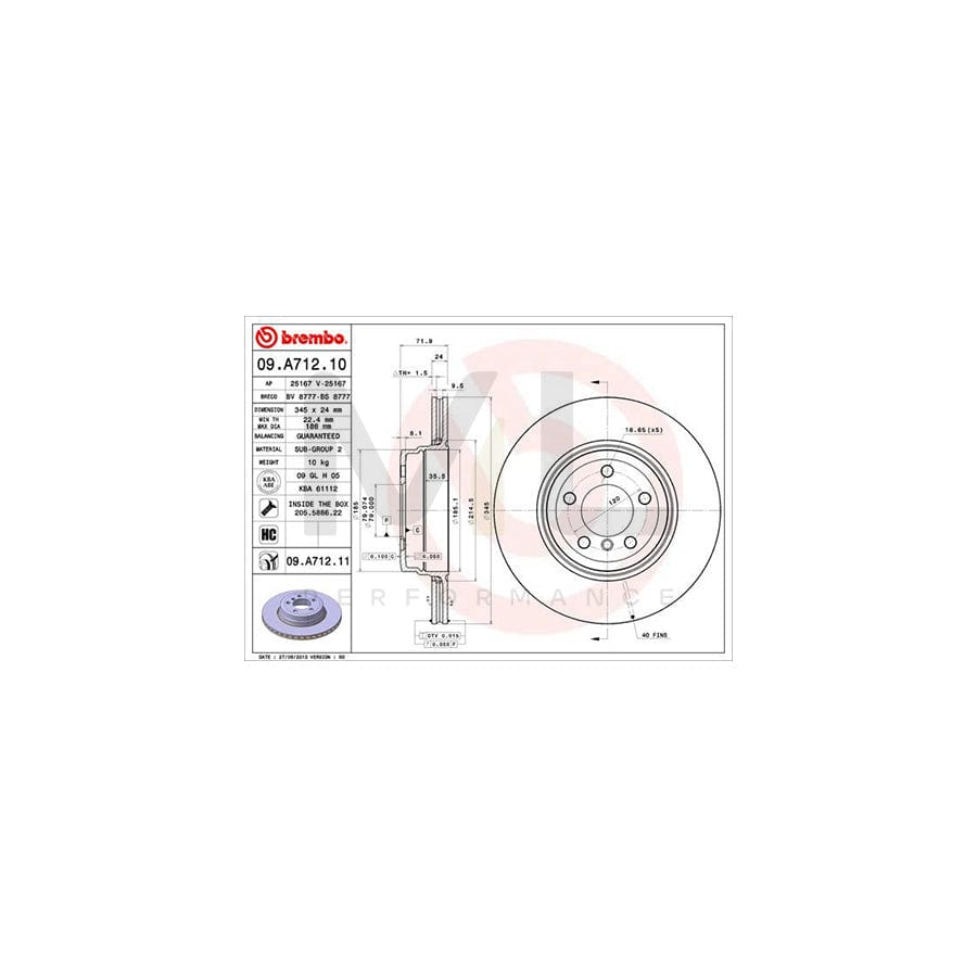 BREMBO COATED DISC LINE 09.A712.11 Brake Disc for BMW 7 (E65, E66, E67) Internally Vented, Coated, High-carbon, with bolts/screws | ML Performance Car Parts