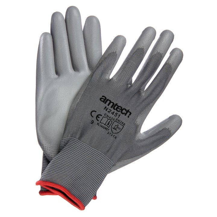 Amtech Light Duty PU Coated Palm Gloves Grey Large (Size: 9) | ML Performance DIY & Power Tools