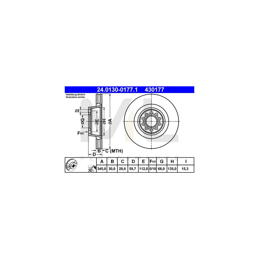 ATE 24.0130-0177.1 Brake Disc for AUDI A8 D2 (4D2, 4D8) Vented, Coated, High-carbon | ML Performance Car Parts