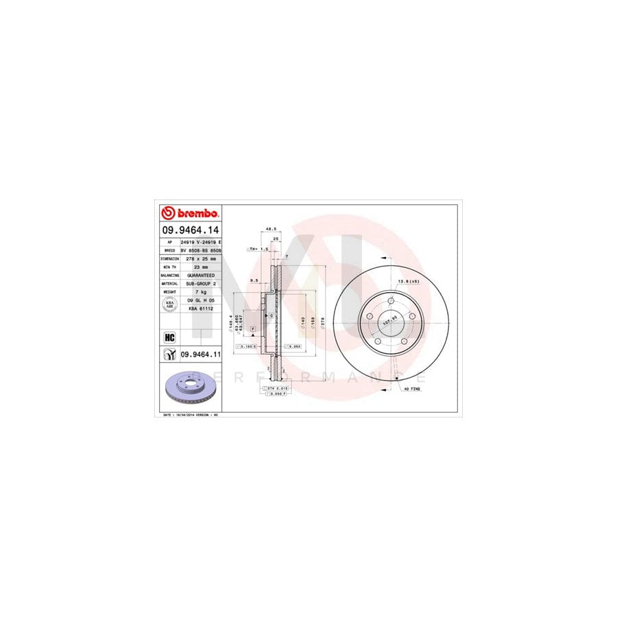 BREMBO 09.9464.14 Brake Disc Internally Vented, High-carbon | ML Performance Car Parts