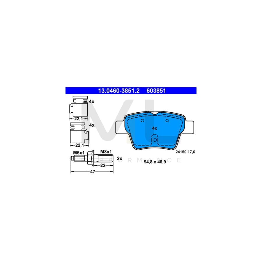 ATE 13.0460-3851.2 Brake pad set for PEUGEOT 207 excl. wear warning contact, not prepared for wear indicator, with accessories | ML Performance Car Parts