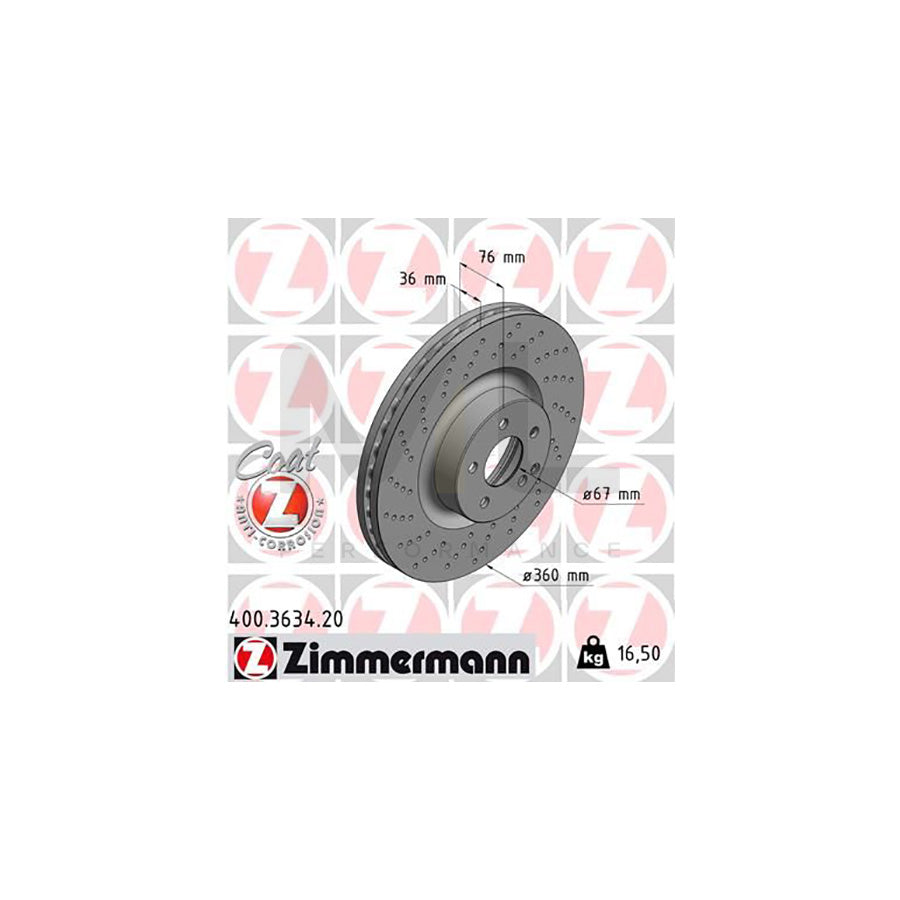 ZIMMERMANN COAT Z 400.3634.20 Brake Disc suitable for MERCEDES-BENZ S-Class Internally Vented, Perforated, Coated, High-carbon | ML Performance Car Parts