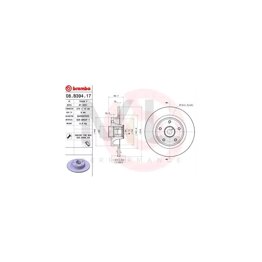 BREMBO BEARING DISC LINE 08.B394.17 Brake Disc Solid, with ABS sensor ring, with wheel bearing set | ML Performance Car Parts