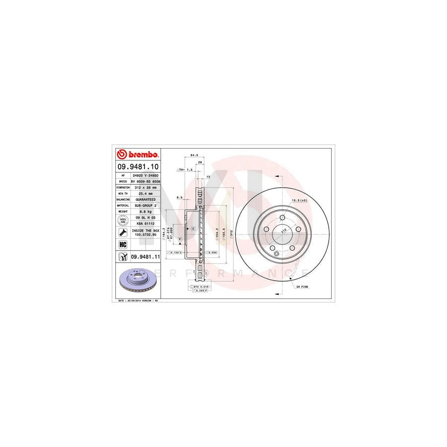 BREMBO 09.9481.10 Brake Disc Internally Vented, High-carbon, with bolts/screws | ML Performance Car Parts