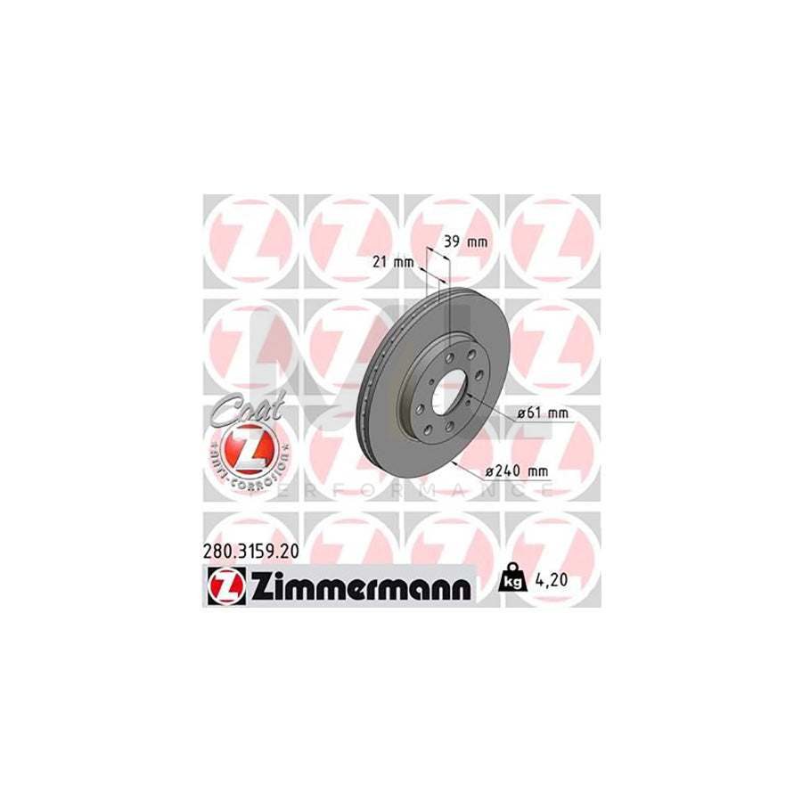 ZIMMERMANN COAT Z 280.3159.20 Brake Disc Internally Vented, Coated | ML Performance Car Parts