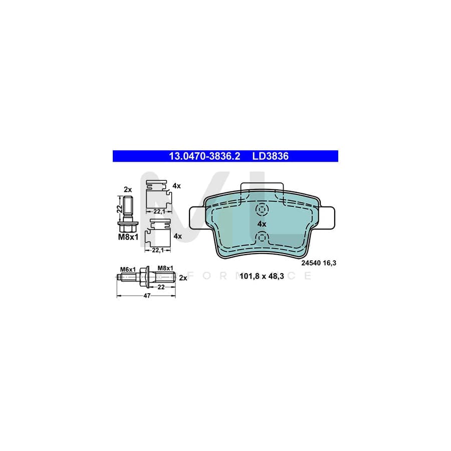 ATE Ceramic 13.0470-3836.2 Brake pad set for CITRO?? C4 excl. wear warning contact, not prepared for wear indicator, with brake caliper screws, with accessories | ML Performance Car Parts