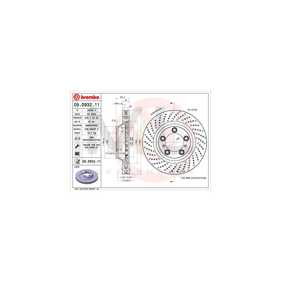 BREMBO 09.D932.11 Brake Disc Perforated / Vented, Coated, High-carbon, with bolts/screws | ML Performance Car Parts