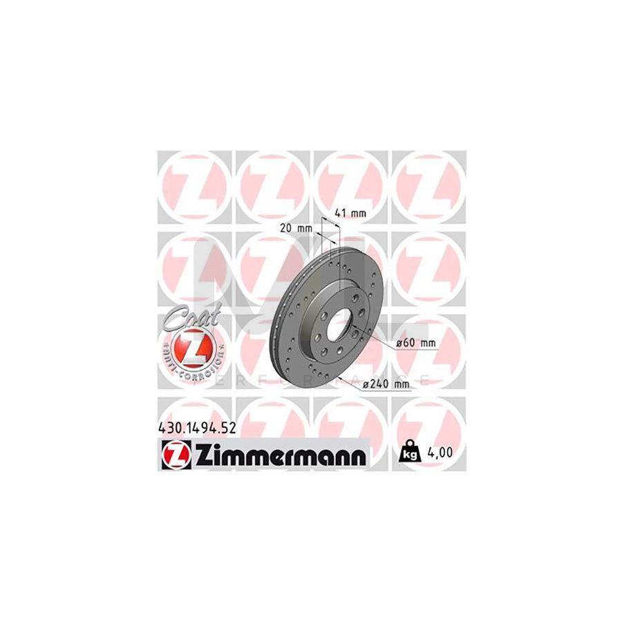 ZIMMERMANN SPORT COAT Z 430.1494.52 Brake Disc Internally Vented, Perforated, Coated | ML Performance Car Parts