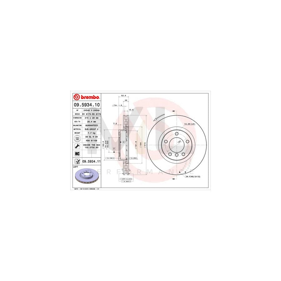 BREMBO 09.5934.10 Brake Disc Internally Vented, with bolts/screws | ML Performance Car Parts