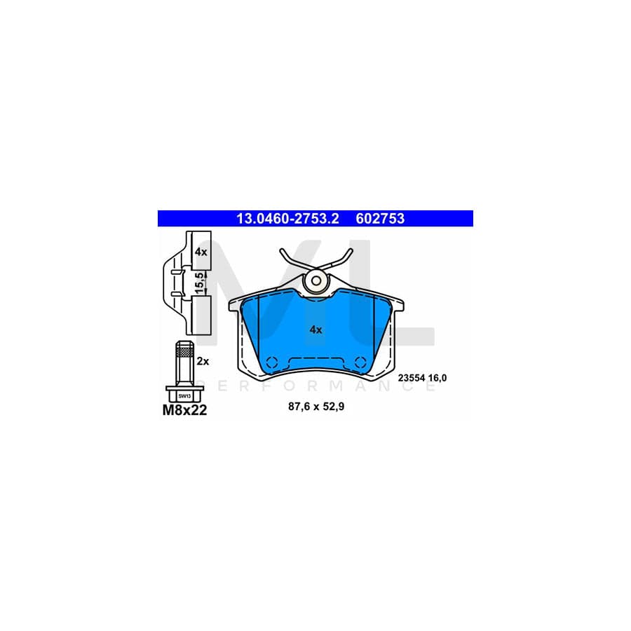 ATE 13.0460-2753.2 Brake pad set excl. wear warning contact, with brake caliper screws, with accessories | ML Performance Car Parts