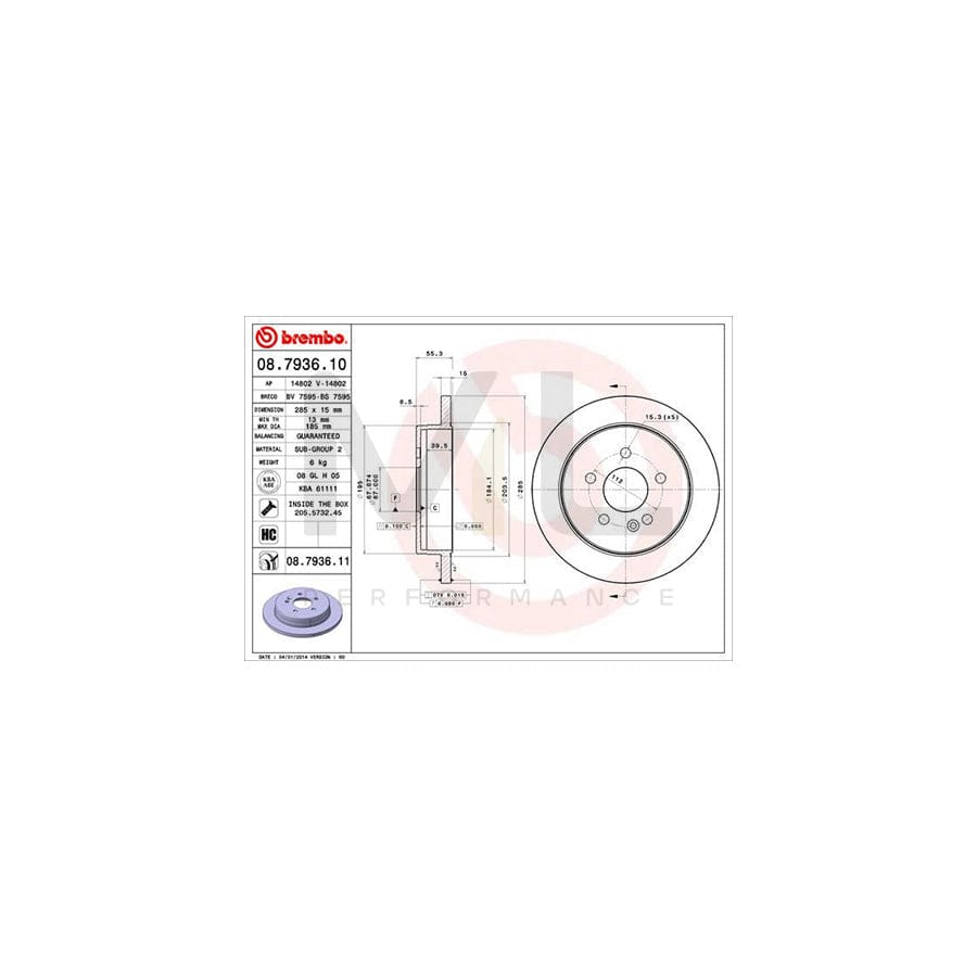 BREMBO COATED DISC LINE 08.7936.11 Brake Disc suitable for MERCEDES-BENZ ML-Class (W163) Solid, Coated, High-carbon, with bolts/screws | ML Performance Car Parts