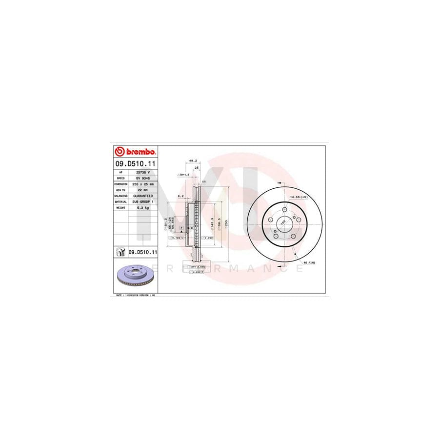 BREMBO 09.D510.11 Brake Disc for TOYOTA PRIUS Internally Vented, Coated | ML Performance Car Parts