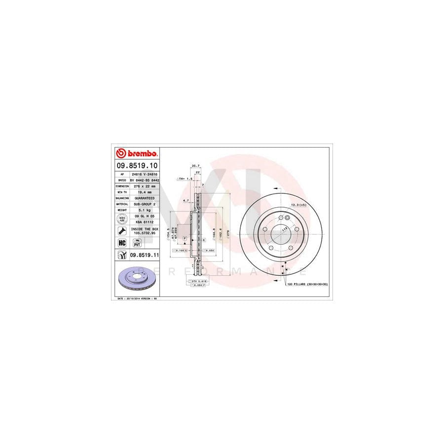 BREMBO 09.8519.10 Brake Disc suitable for MERCEDES-BENZ A-Class (W168) Internally Vented, High-carbon, with bolts/screws | ML Performance Car Parts