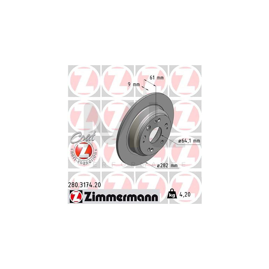 ZIMMERMANN COAT Z 280.3174.20 Brake Disc for HONDA Accord VII Tourer (CM, CN) Solid, Coated | ML Performance Car Parts