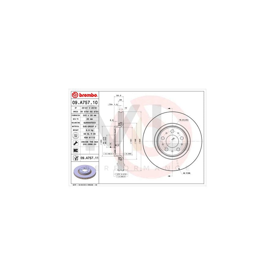 BREMBO COATED DISC LINE 09.A757.11 Brake Disc Internally Vented, Coated, High-carbon, with bolts/screws | ML Performance Car Parts