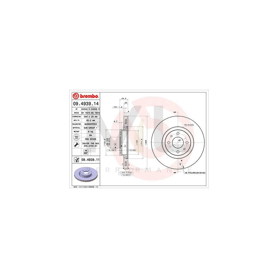 BREMBO 09.4939.14 Brake Disc Internally Vented, with bolts/screws | ML Performance Car Parts