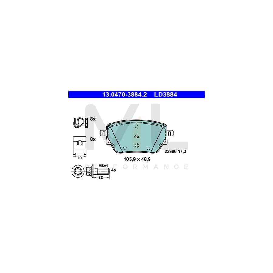 ATE 13.0470-3884.2 Brake pad set excl. wear warning contact, not prepared for wear indicator, with brake caliper screws, with accessories | ML Performance Car Parts