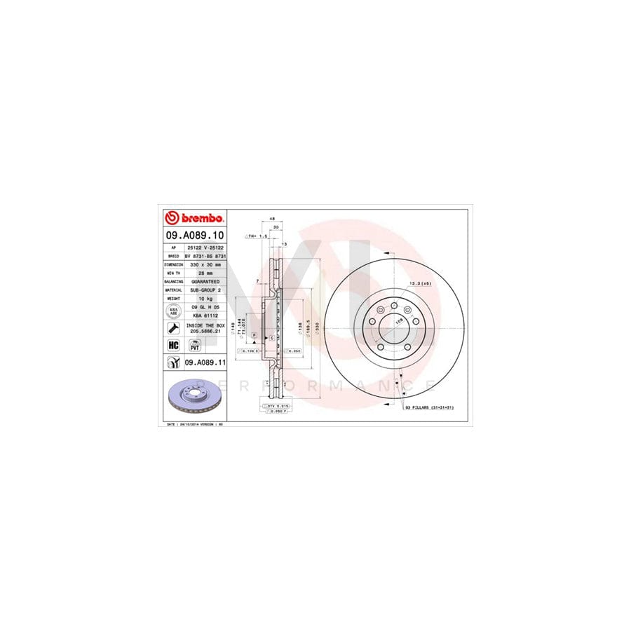 BREMBO 09.A089.10 Brake Disc Internally Vented, High-carbon, with bolts/screws | ML Performance Car Parts