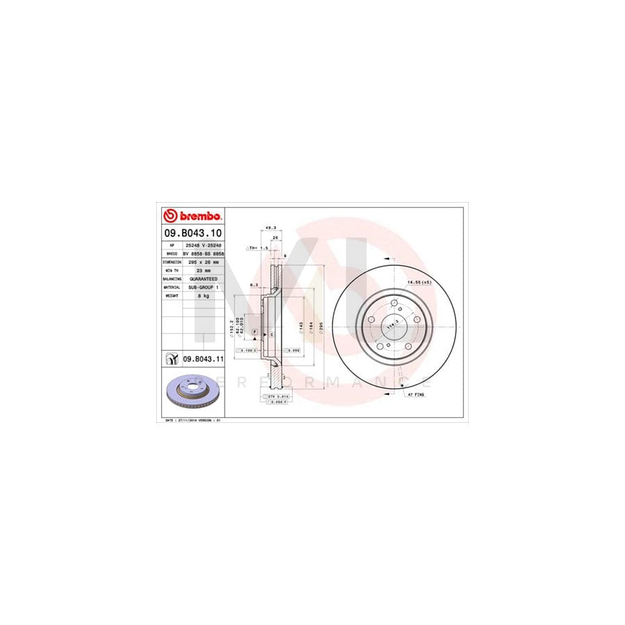 BREMBO 09.B043.10 Brake Disc Internally Vented | ML Performance Car Parts