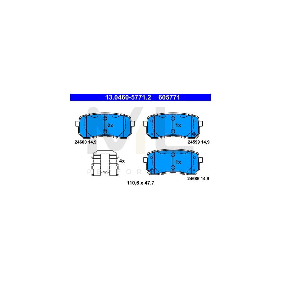 ATE 13.0460-5771.2 Brake pad set for KIA SEDONA with acoustic wear warning, with accessories | ML Performance Car Parts