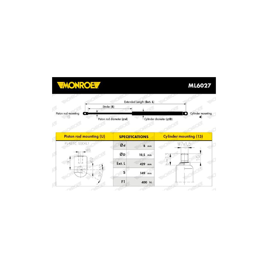 Monroe ML6027 Bonnet Strut Suitable For Mercedes-Benz R-Class (W251, V251)