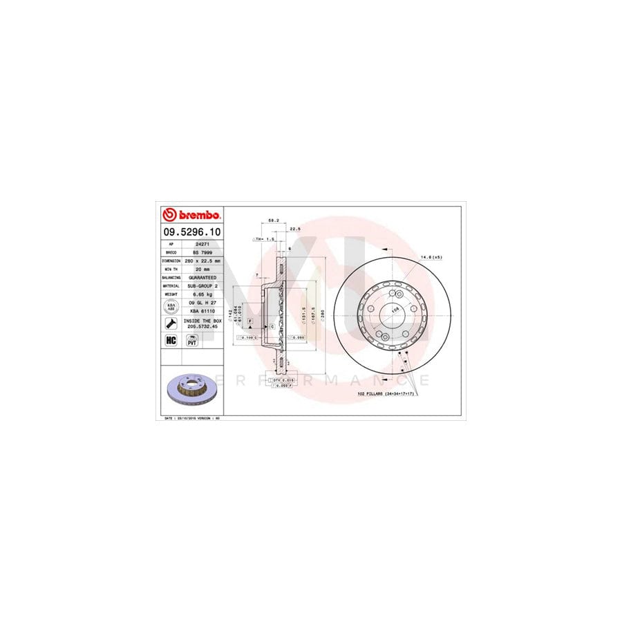 BREMBO 09.5296.10 Brake Disc Internally Vented, High-carbon, with bolts/screws | ML Performance Car Parts