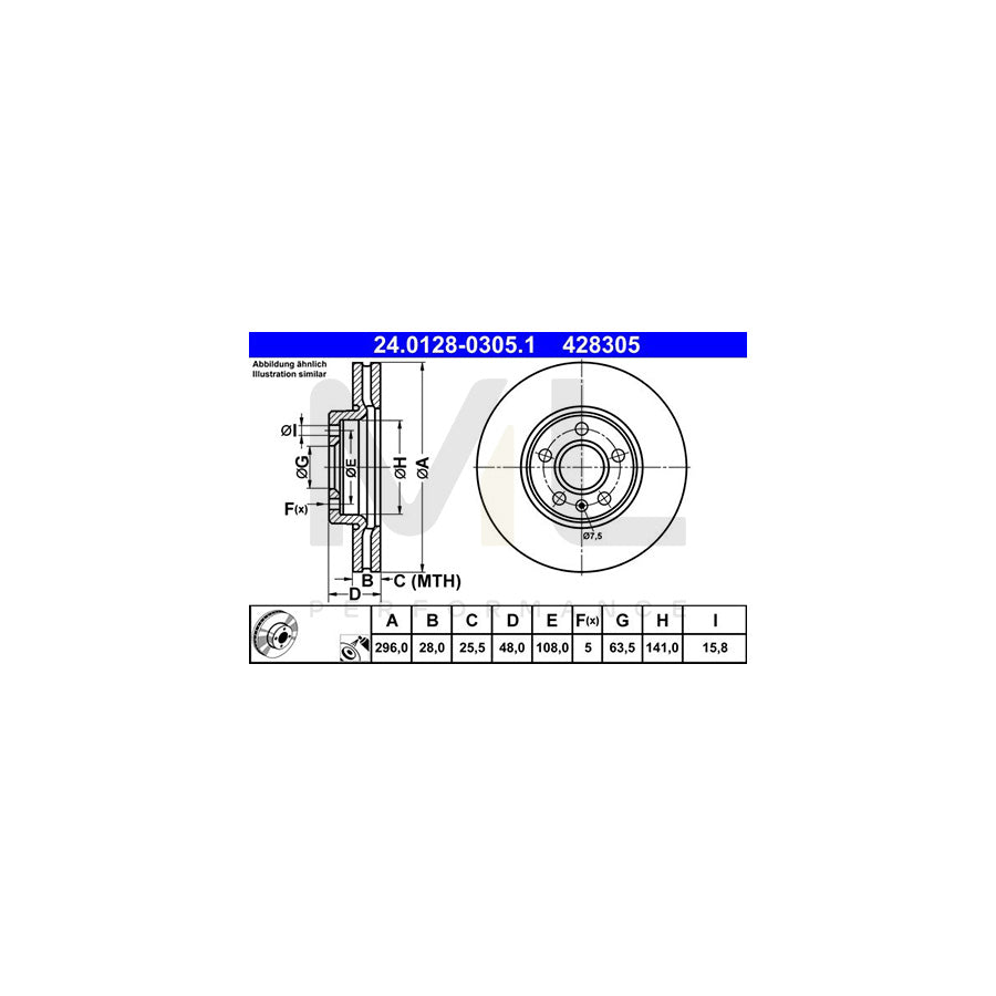 ATE 24.0128-0305.1 Brake Disc Vented, Coated, High-carbon | ML Performance Car Parts