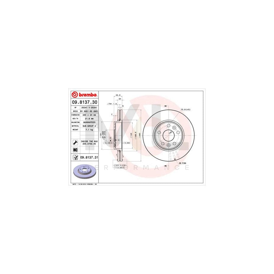 BREMBO 09.8137.30 Brake Disc for RENAULT MEGANE Internally Vented, High-carbon, with bolts/screws | ML Performance Car Parts