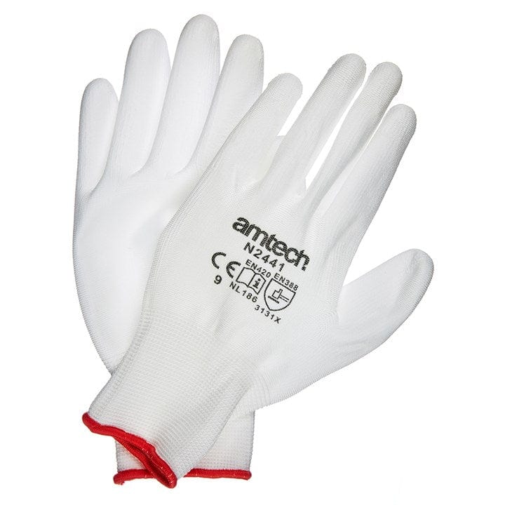 Amtech Light Duty PU Coated Work Gloves White Large (Size: 9) | ML Performance DIY & Power Tools