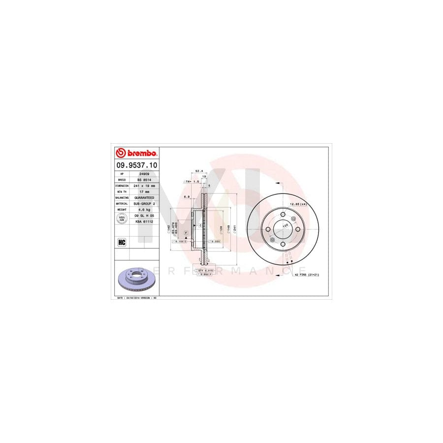 BREMBO 09.9537.10 Brake Disc Internally Vented, High-carbon | ML Performance Car Parts