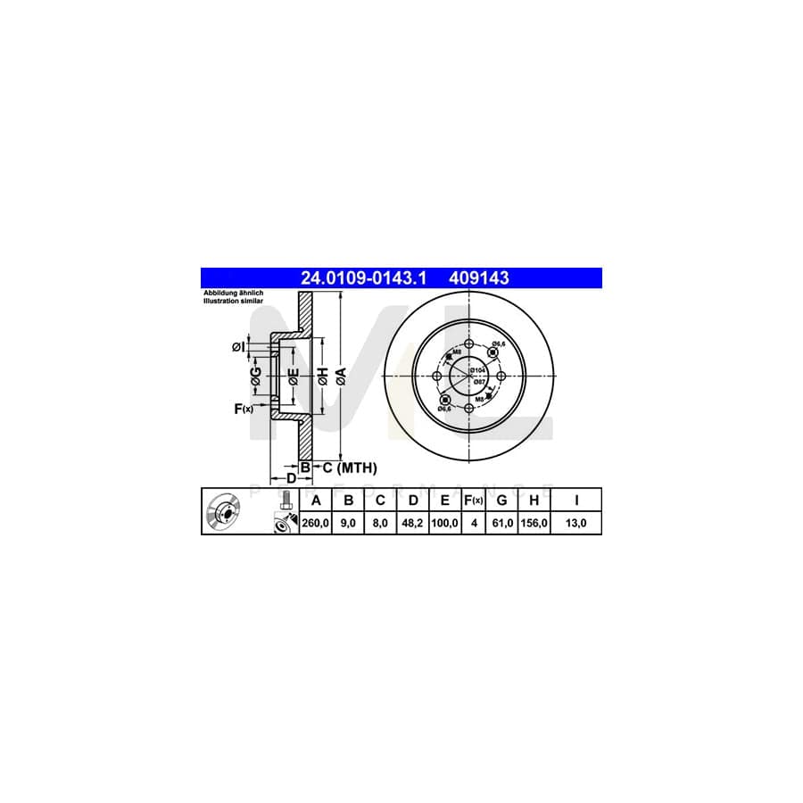 ATE 24.0109-0143.1 Brake Disc for HONDA CIVIC Solid, Coated, with bolts/screws | ML Performance Car Parts