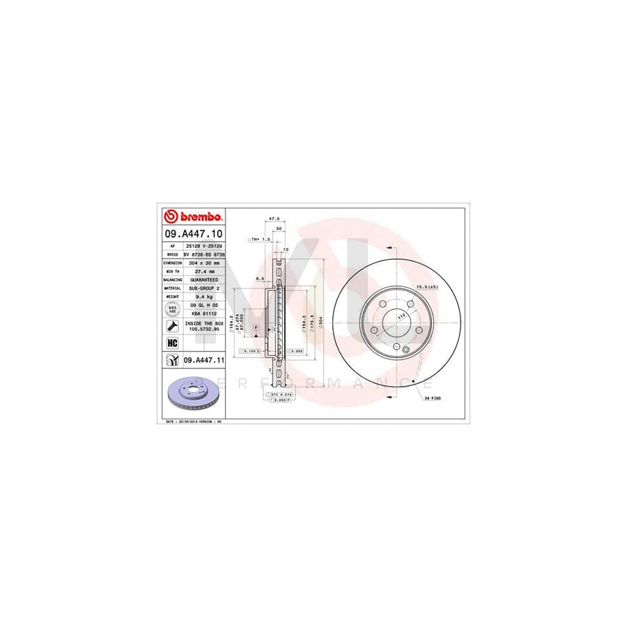 BREMBO COATED DISC LINE 09.A447.11 Brake Disc suitable for MERCEDES-BENZ E-Class Internally Vented, Coated, High-carbon, with bolts/screws | ML Performance Car Parts