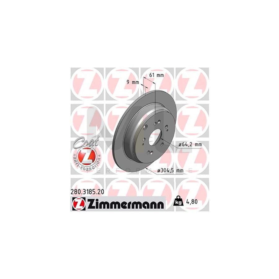 ZIMMERMANN COAT Z 280.3185.20 Brake Disc for HONDA CR-V Solid, Coated | ML Performance Car Parts