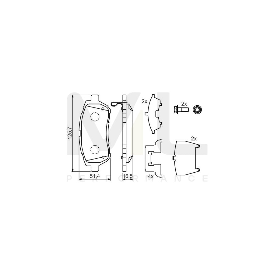 Bosch 0986494320 Brake Pad Set For Mazda 2 With Acoustic Wear Warning, With Bolts/Screws, With Mounting Manual, With Piston Clip BP1210 | ML Performance Car Parts