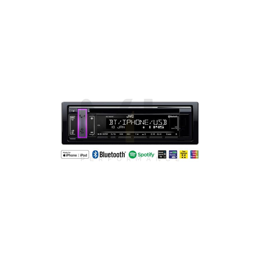 JVC KD-T801BT Car stereo Bluetooth, CD/USB/AUX, Spotify, 1 DIN, AOA 2.0, Made for iPhone/iPod, 12V, AAC, FLAC, MP3, WAV, WMA | ML Performance Car Parts