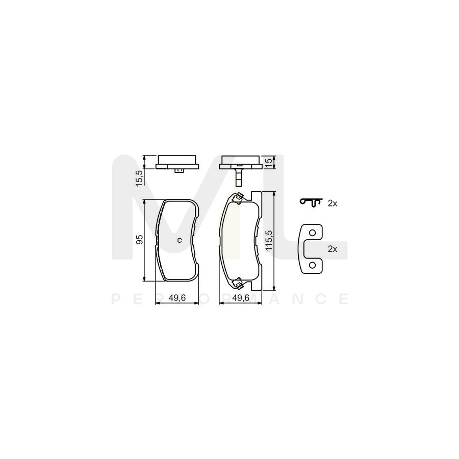 Bosch 0986424697 Brake Pad Set With Acoustic Wear Warning, With Anti-Squeak Plate, With Piston Clip, With Spring BP410 | ML Performance Car Parts