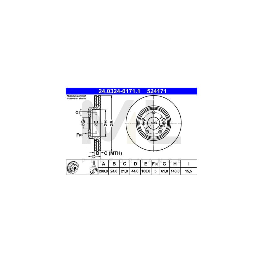 ATE PowerDisc 24.0324-0171.1 Brake Disc Vented, Coated, Alloyed / High-carbon, with bolts/screws | ML Performance Car Parts