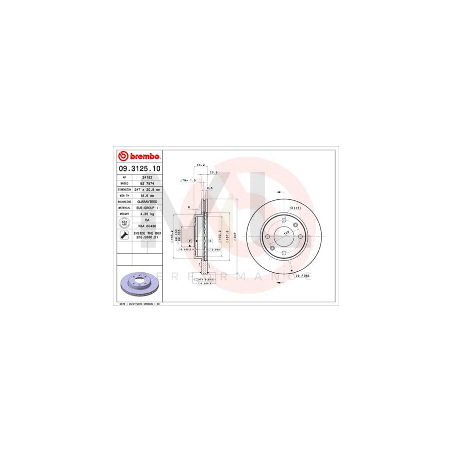 BREMBO 09.3125.10 Brake Disc Internally Vented, with bolts/screws | ML Performance Car Parts