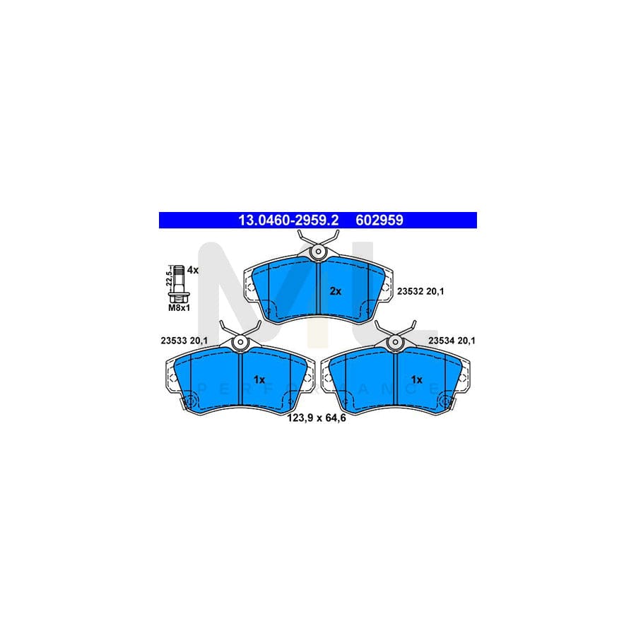 ATE 13.0460-2959.2 Brake pad set for CHRYSLER PT CRUISER with acoustic wear warning, with brake caliper screws | ML Performance Car Parts